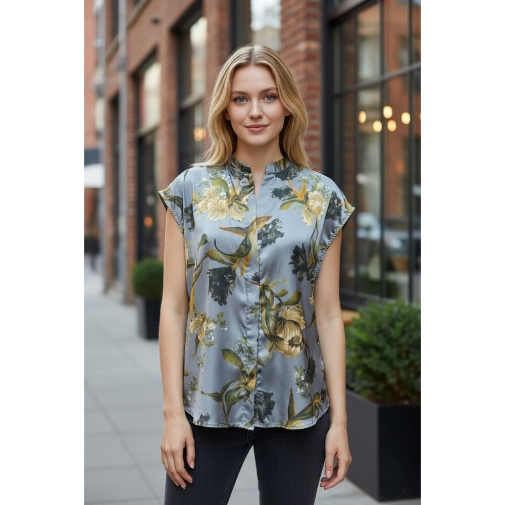 Elie Tahari Womens Floral Satin Top Party Blouse Size S Gray Blue Short Sleeve